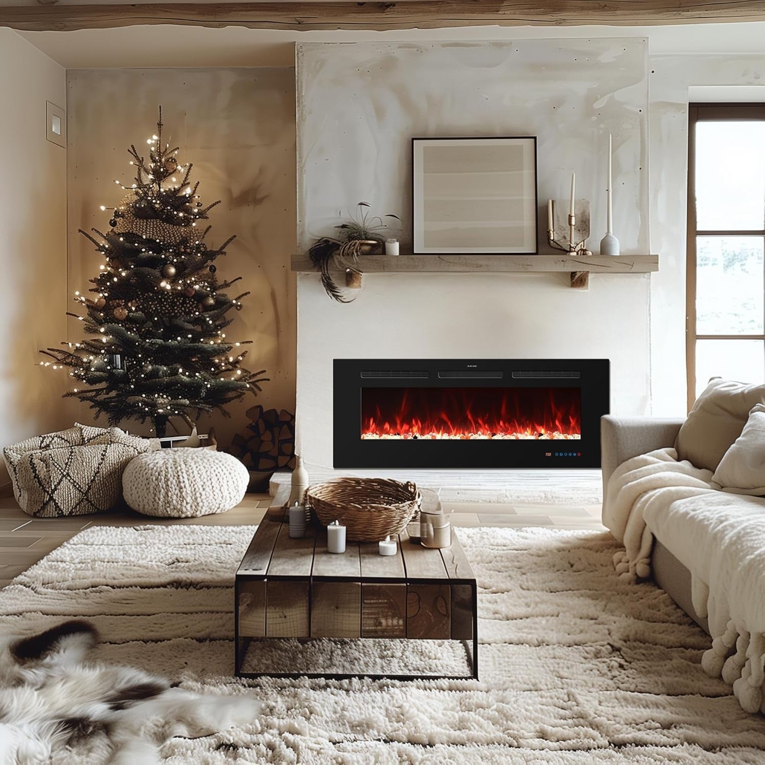 72” Wall Mounted Electric Fireplace LED Heater Remote WiFi 13 Flame Colours