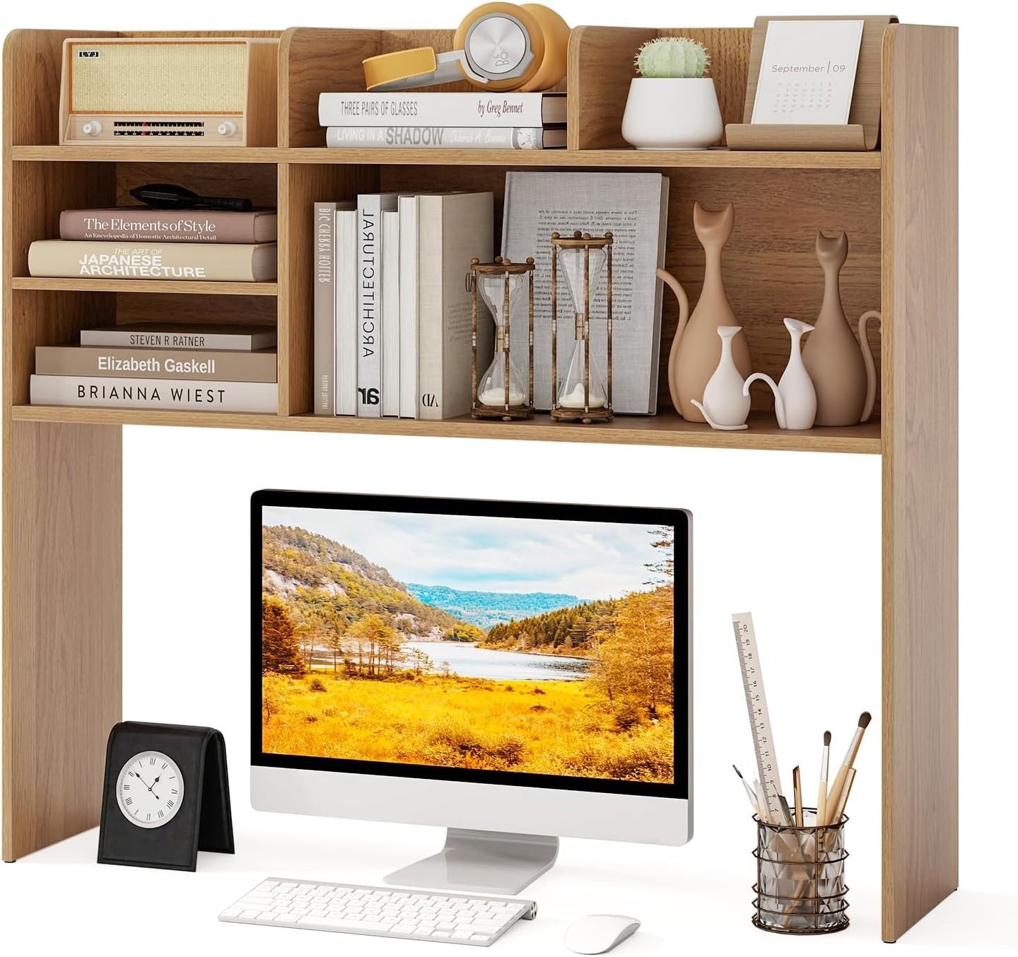Desktop Bookshelf Hutch 6-Shelf Monitor Storage Rack Adjustable Compartments