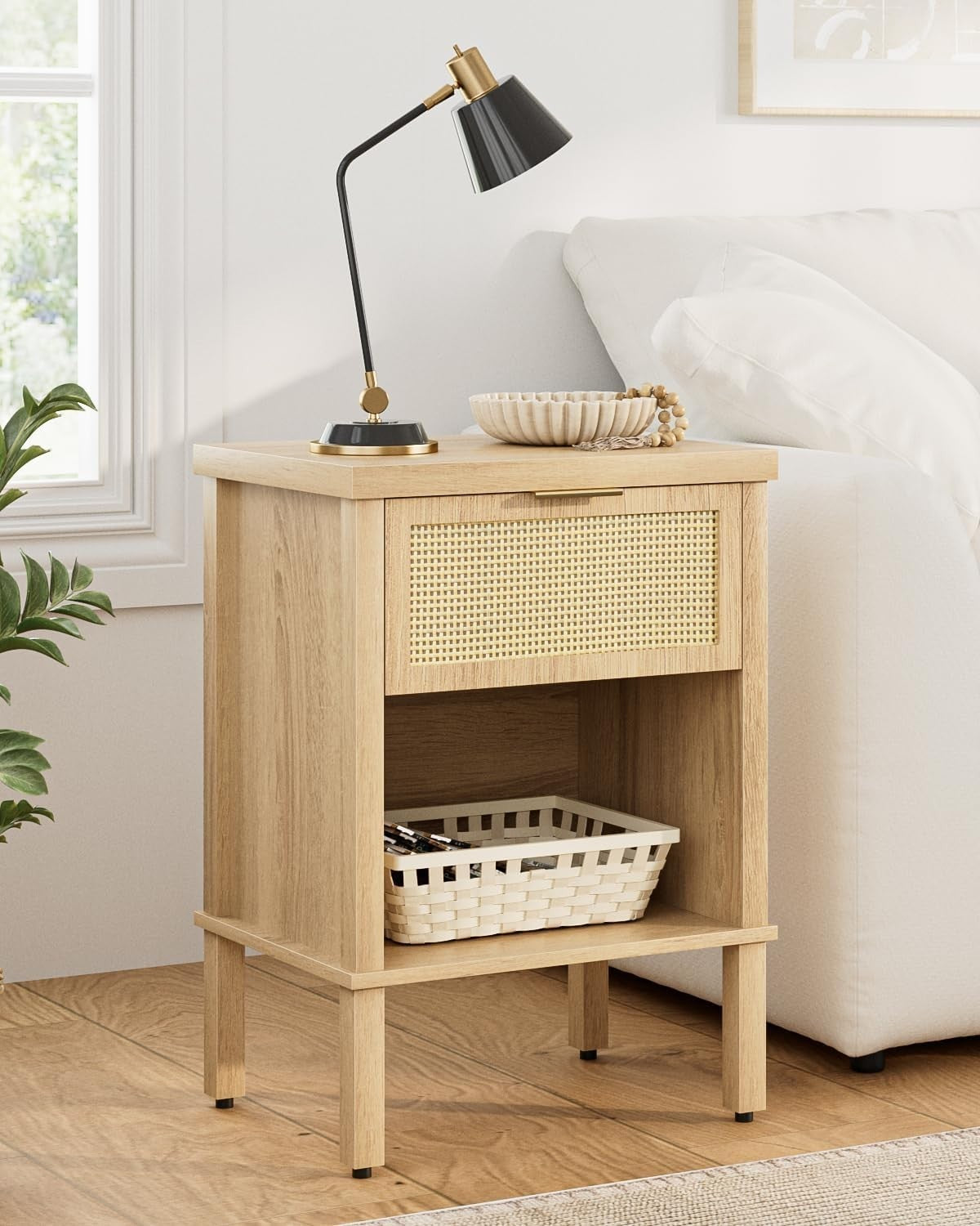 Rattan Wood Bedside Table with Drawer & Shelf – Boho Oak Nightstand