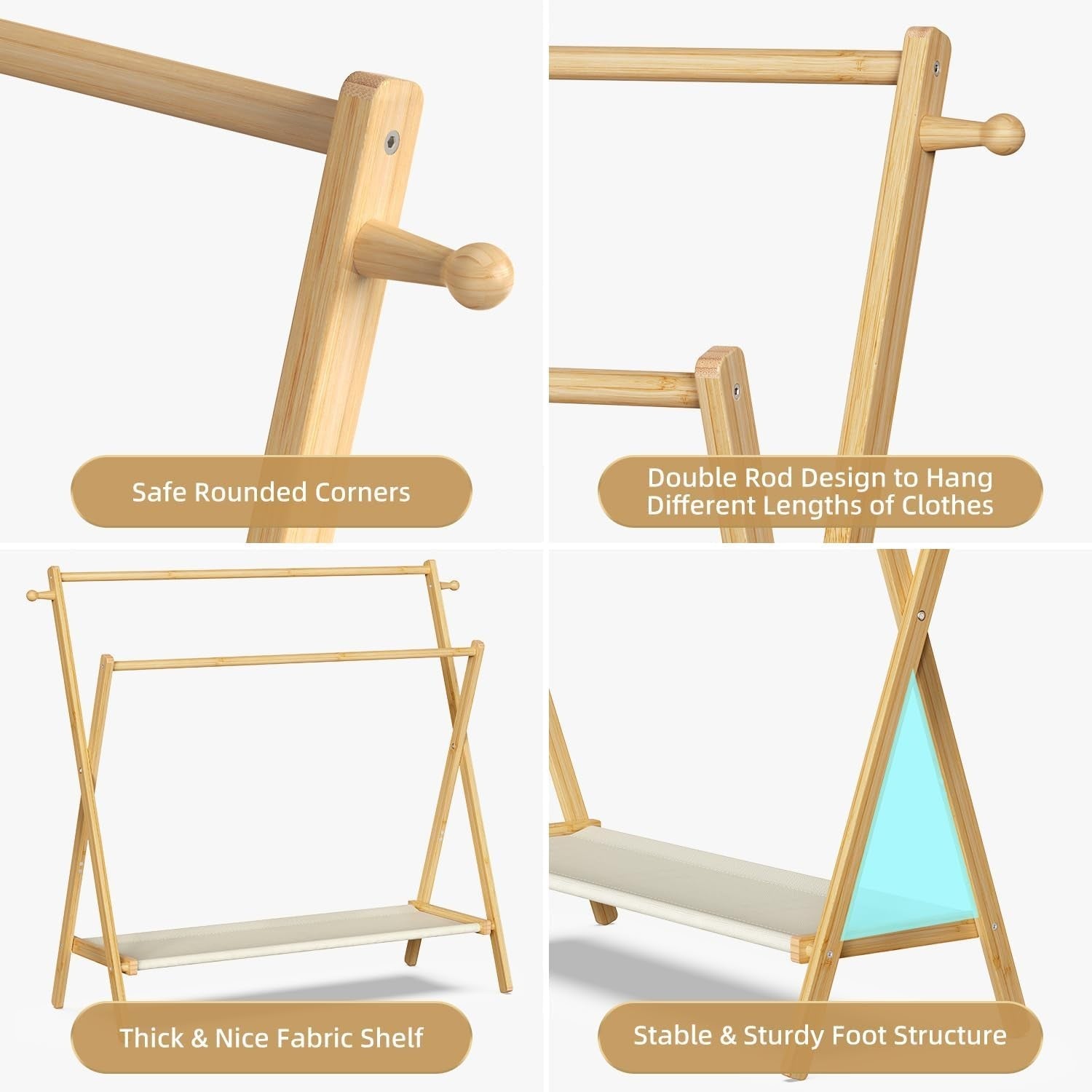 Bamboo Kids Clothing Rack Small Dress Up Rail with Shelf & Double Rods