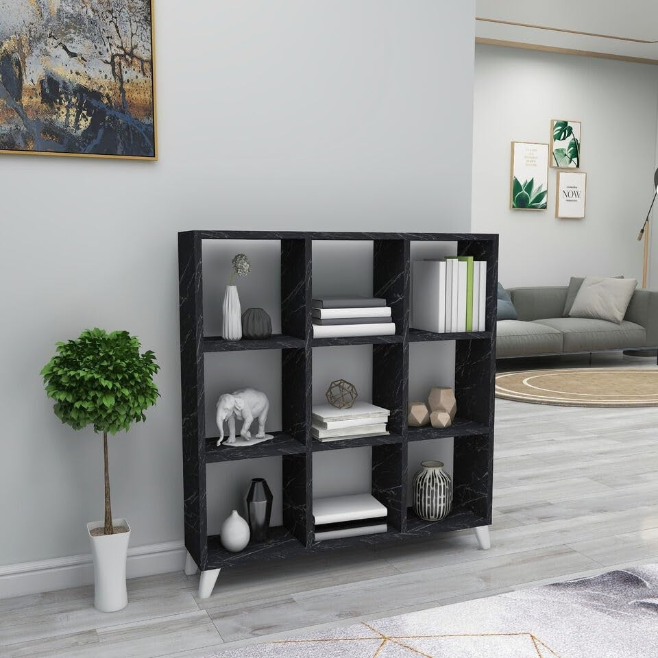 9-Cube Storage Bookcase with Doors – Modern Display Shelving Unit Black Marble