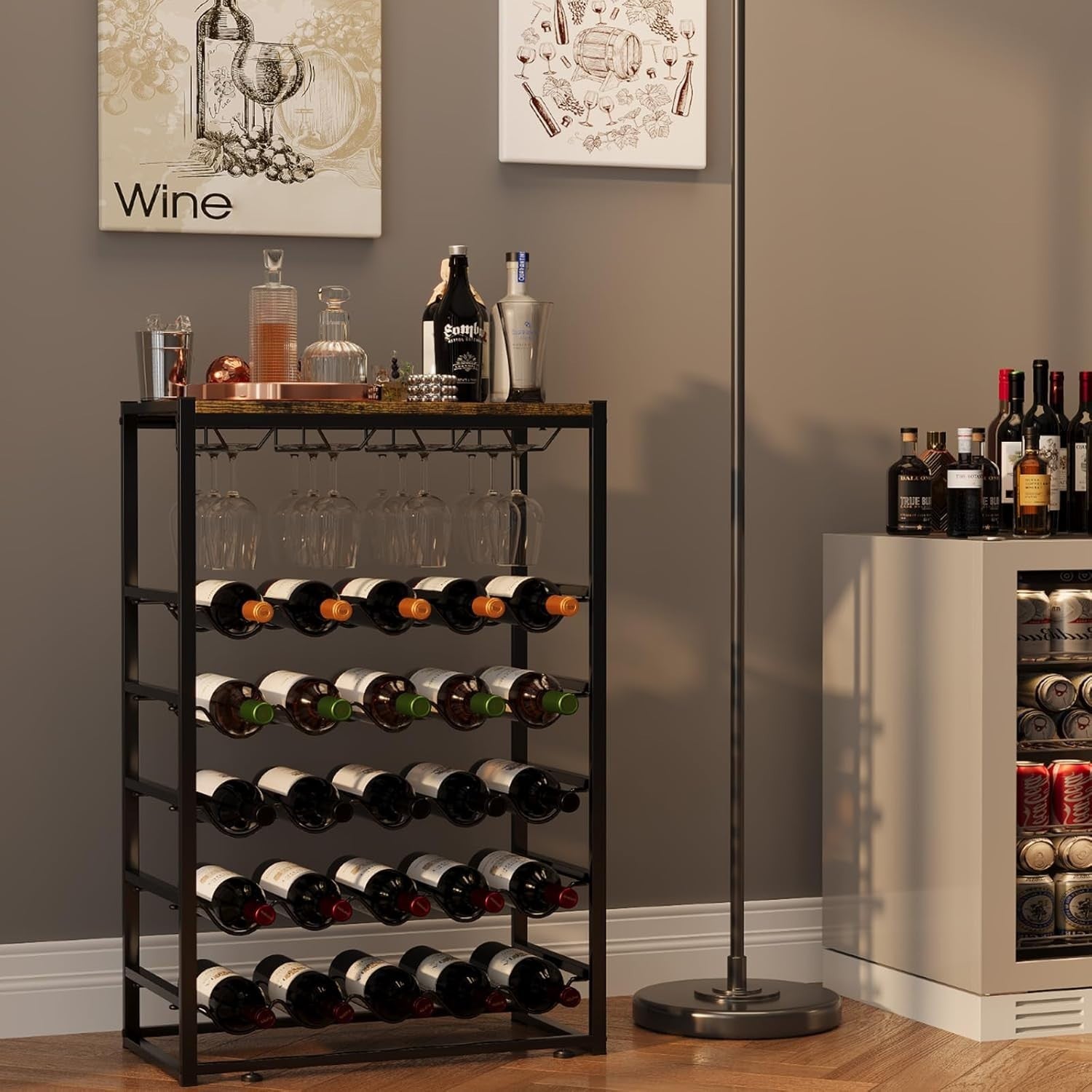 5-Tier Wine Rack Stand for 25 Bottles & 12 Glasses with Wooden Top – Metal