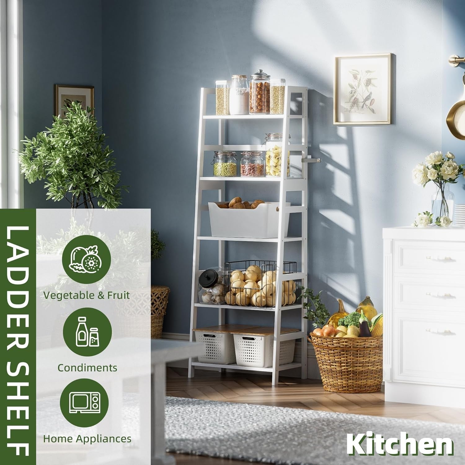 White 5-Tier Bamboo Ladder Bookcase, Heavy Duty Tall Display Storage Shelf