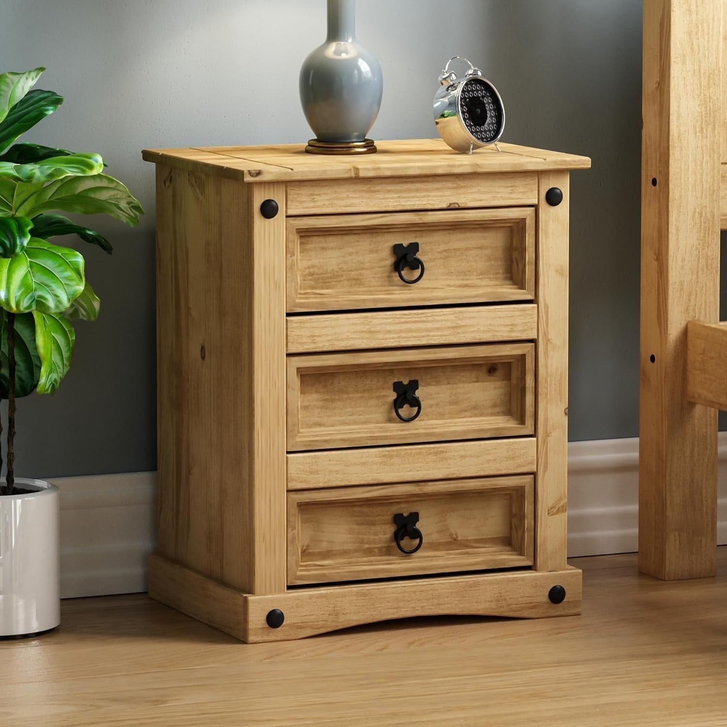 Solid Pine 3 Drawer Bedside Table, Rustic Wooden Nightstand, Wax Finish