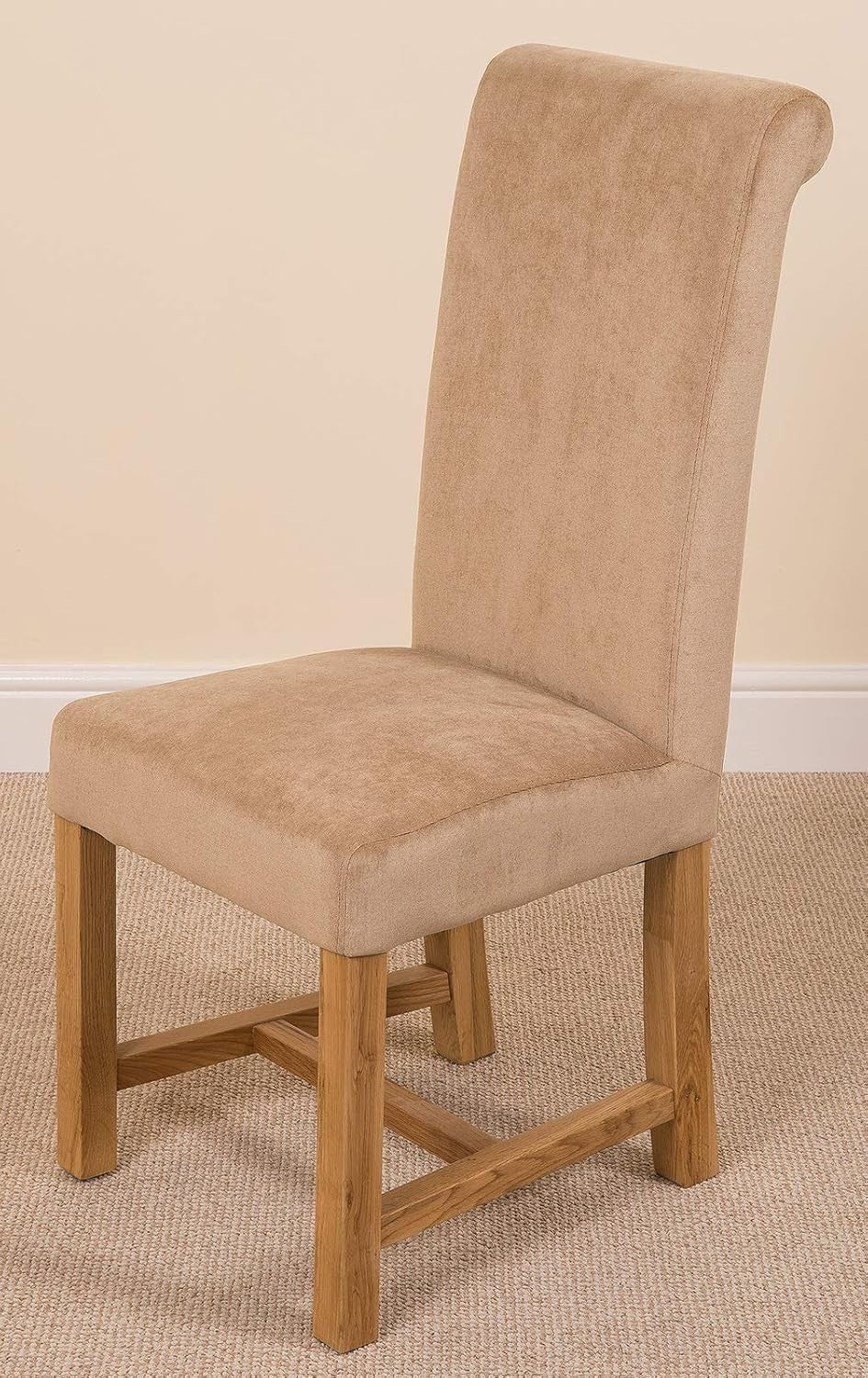 6 Beige Fabric Chairs Oak Dining Table Set Solid Wood 125x80cm Modern