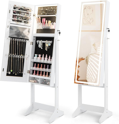 White LED Jewelry Cabinet Mirror Lockable 3-Color Light Storage Stand