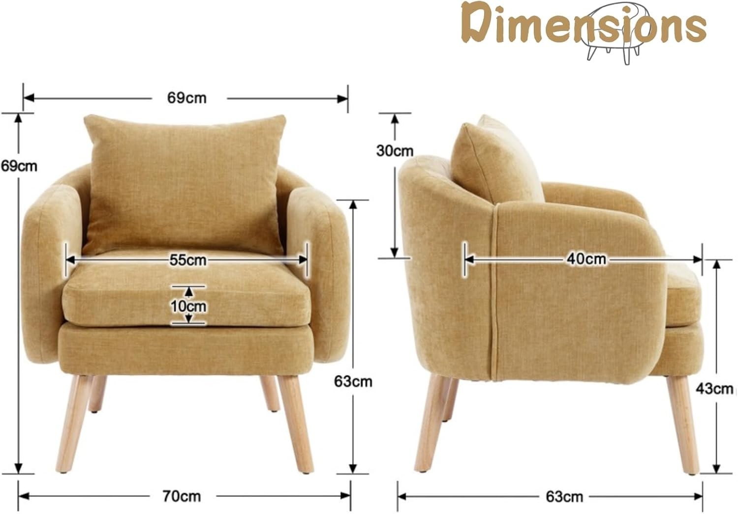 Yellow Accent Armchair Chenille Lounge Chair with Wood Legs for Living Room