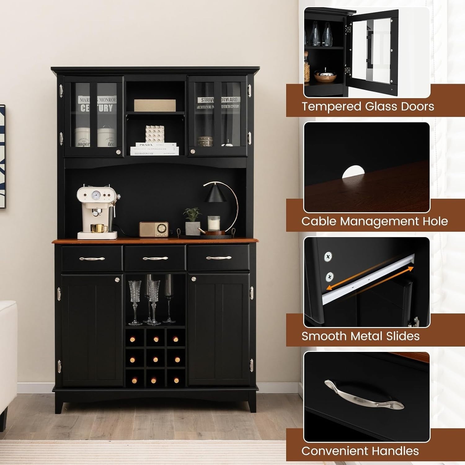Black Kitchen Sideboard 185cm Storage Cabinet Wine Rack Drawers Glass Doors