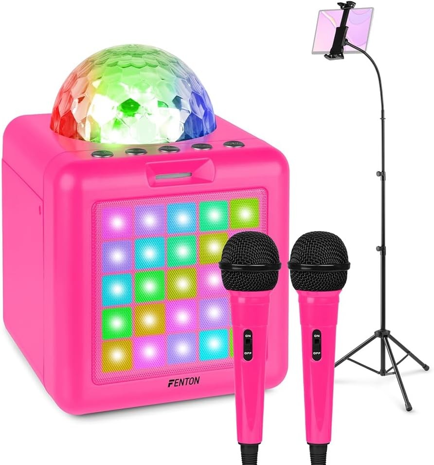 Pink Karaoke Machine with Bluetooth, Party Lights & 2 Mics
