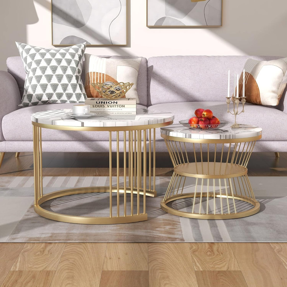 ModernLuxe Round Coffee Table Set of 2 with Gold Frame & Marble Top 70x45cm