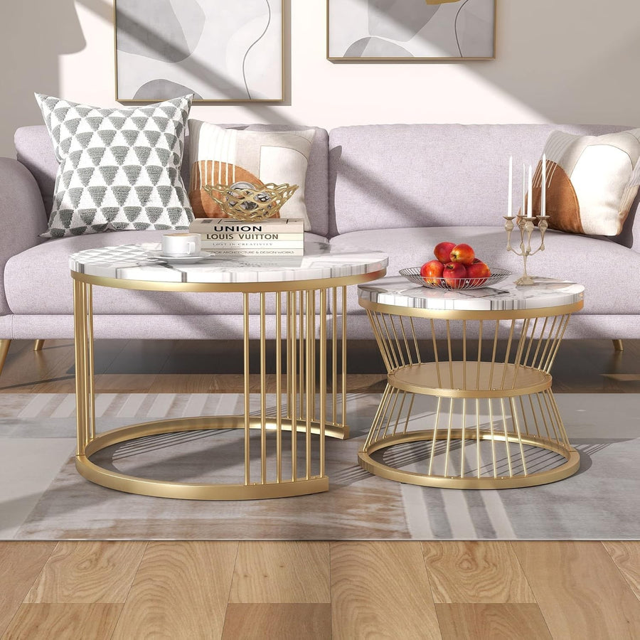ModernLuxe Round Coffee Table Set of 2 with Gold Frame & Marble Top 70x45cm