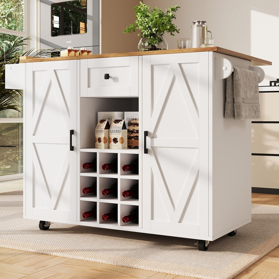 White Rolling Kitchen Island Foldable Table Cabinet 160cm