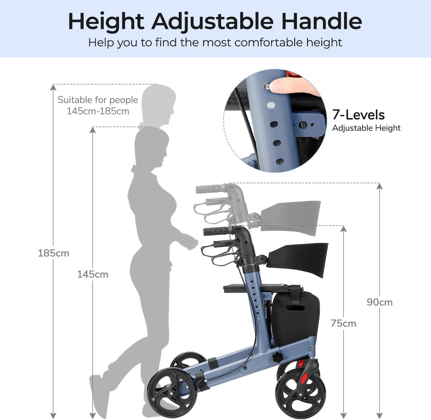 Lightweight Folding Rollator Walker 4 Wheels Seat Adjustable Brakes 300lb