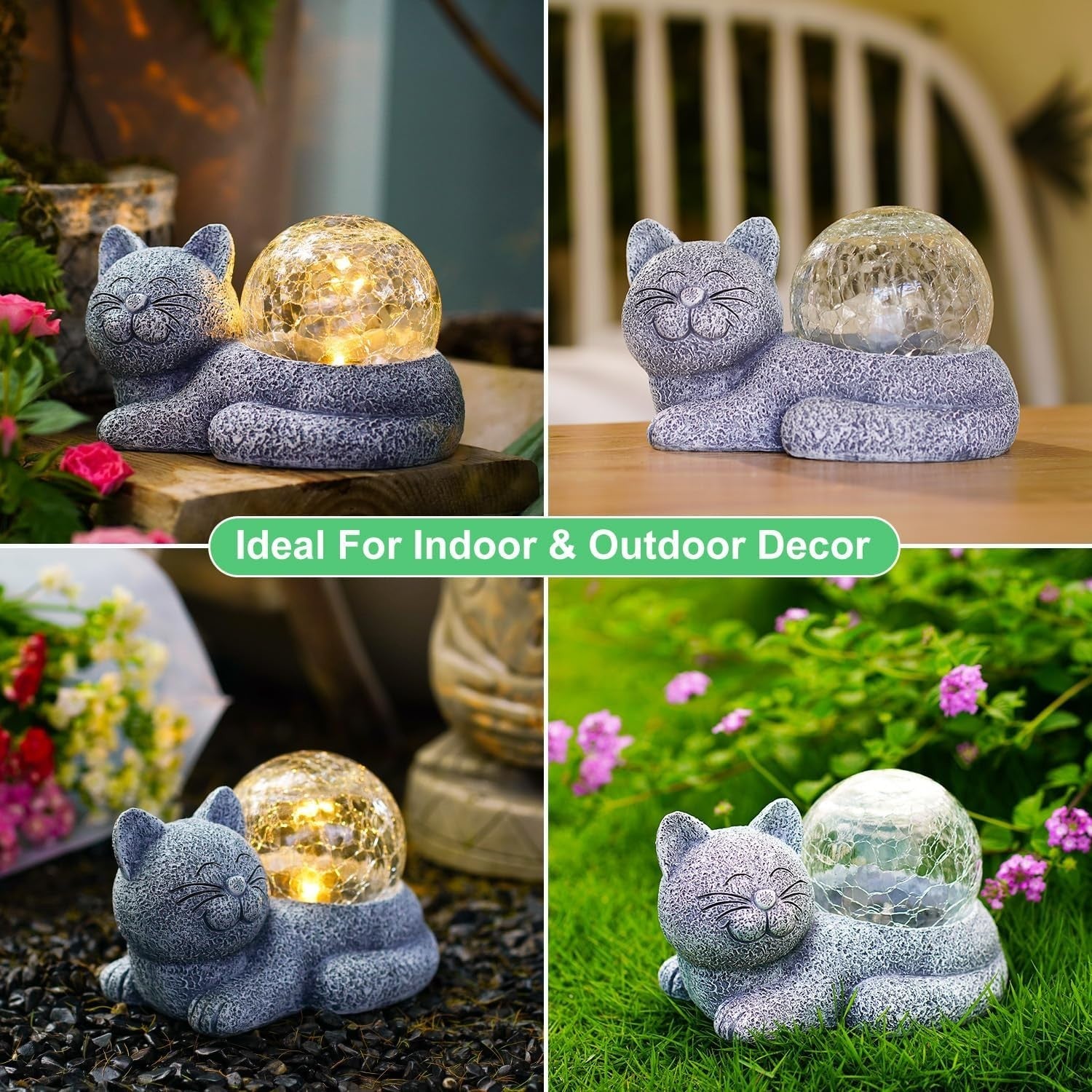 Solar Cat Garden Ornament with Crackle Ball Light – Waterproof LED Outdoor Decor