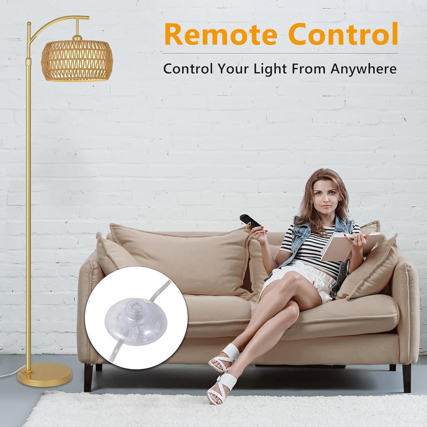 Rattan Floor Lamp Remote Control Dimmable LED Boho Gold Standing Light