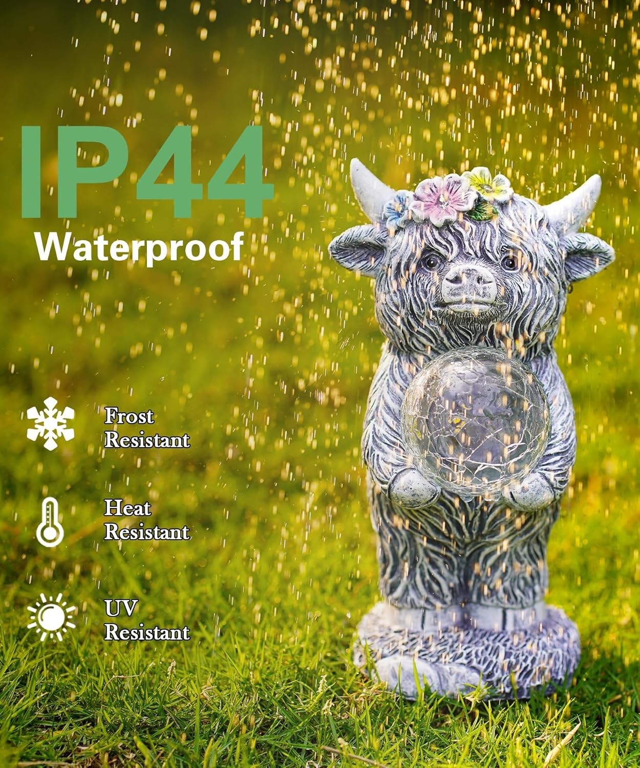 Solar Highland Cow Garden Ornament with LED Ball – Waterproof Outdoor Statue