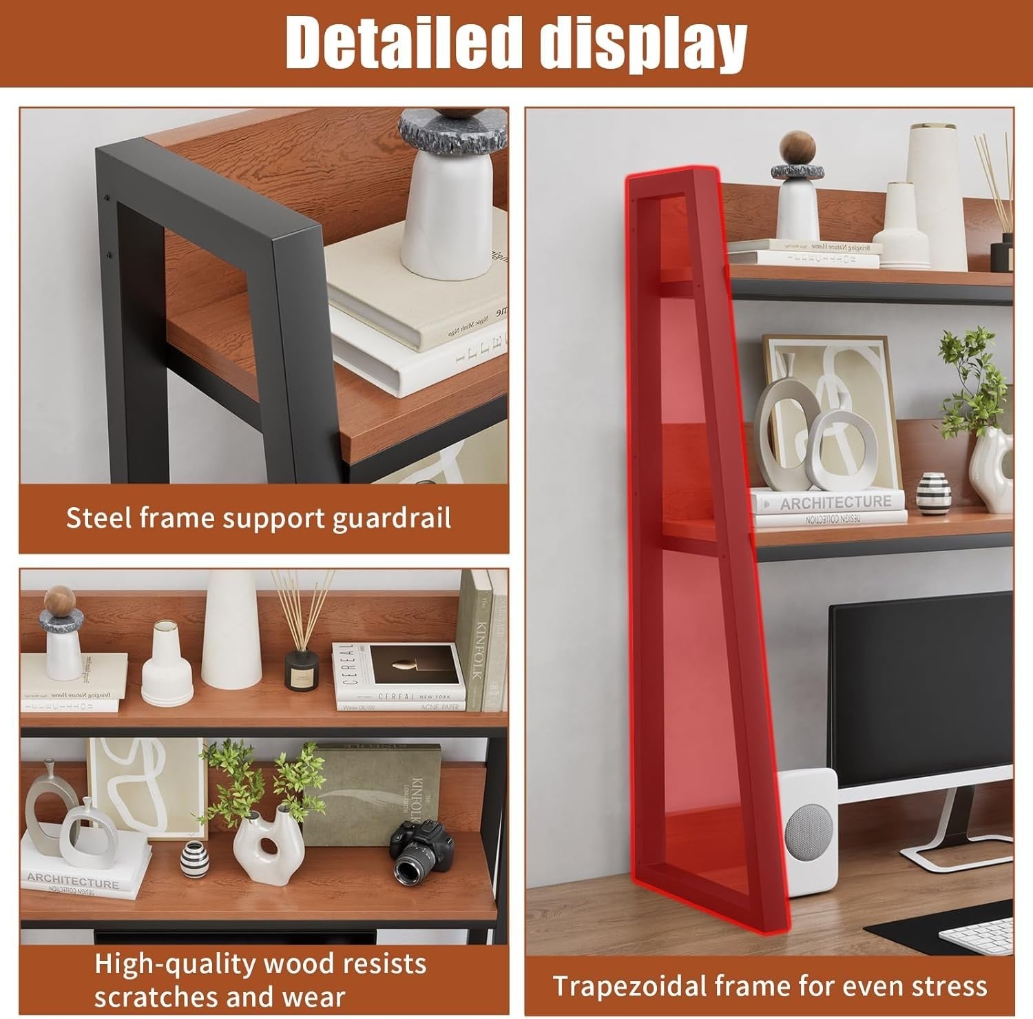 55cm Desktop Hutch 2-Tier Ladder Shelf Organizer Wooden Display Rack Brown