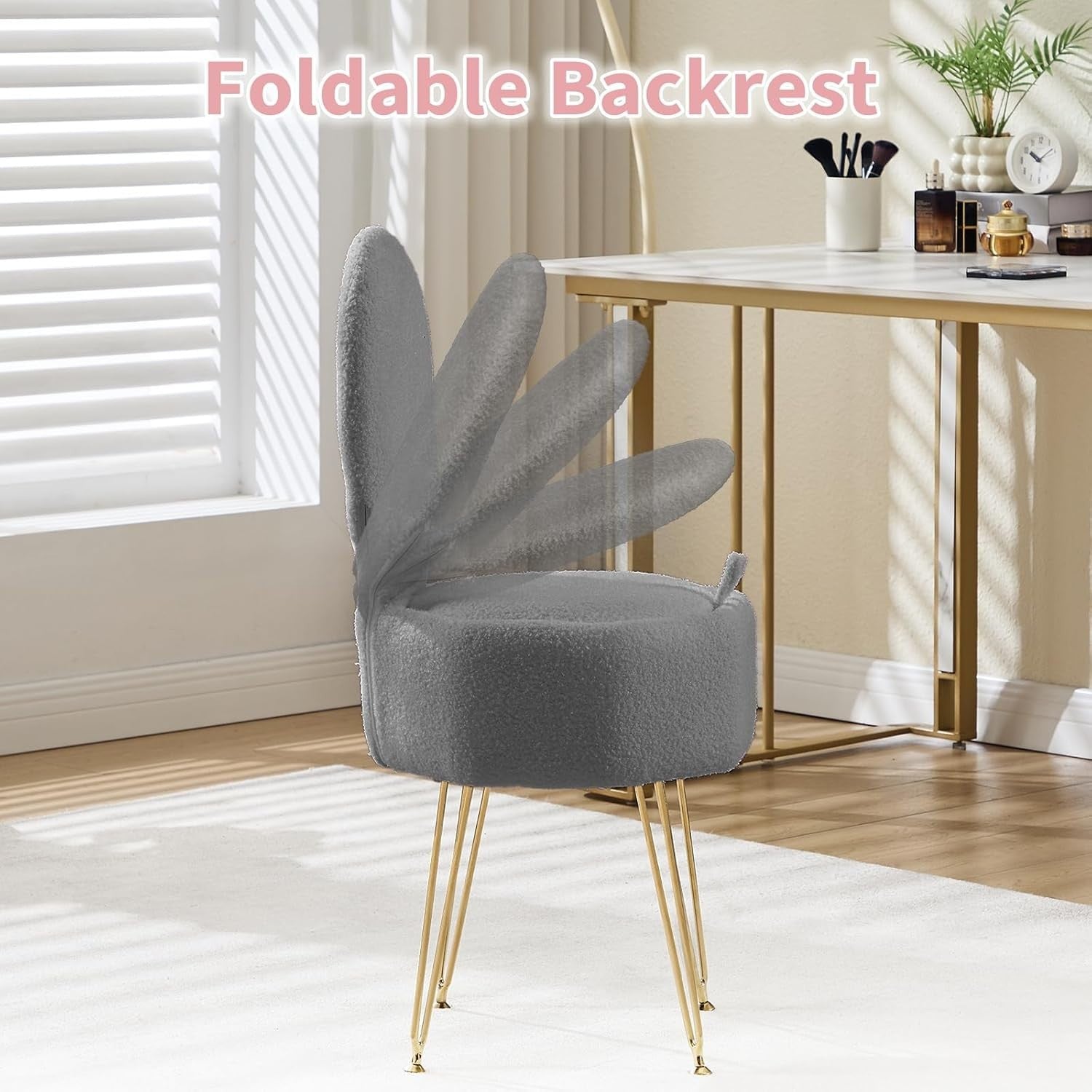 Grey Sherpa Vanity Chair with Storage & Foldable Backrest – Metal Leg