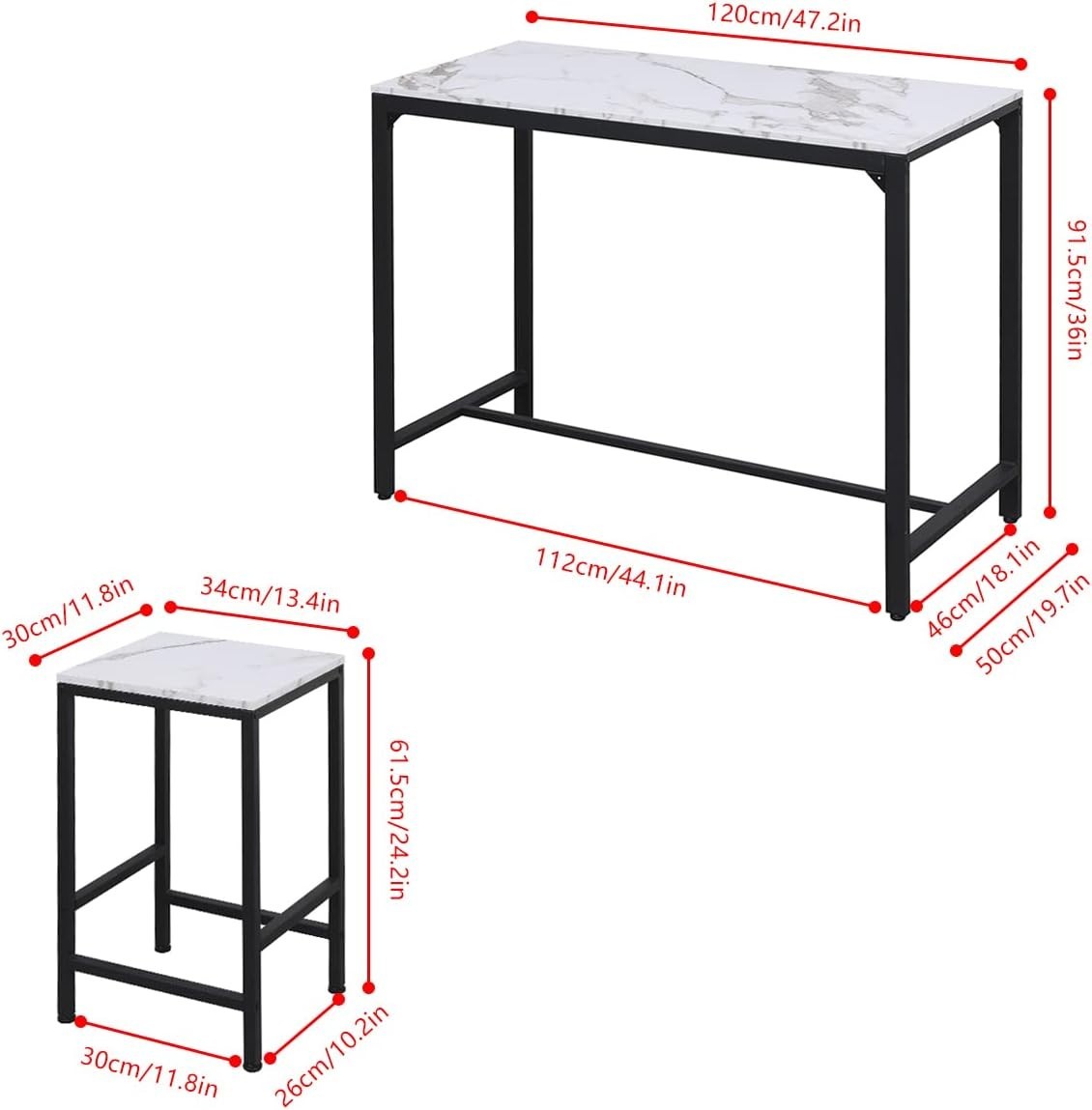 White Marble Dining Bar Table Set with 4 Stools Space-Saving Metal Frame