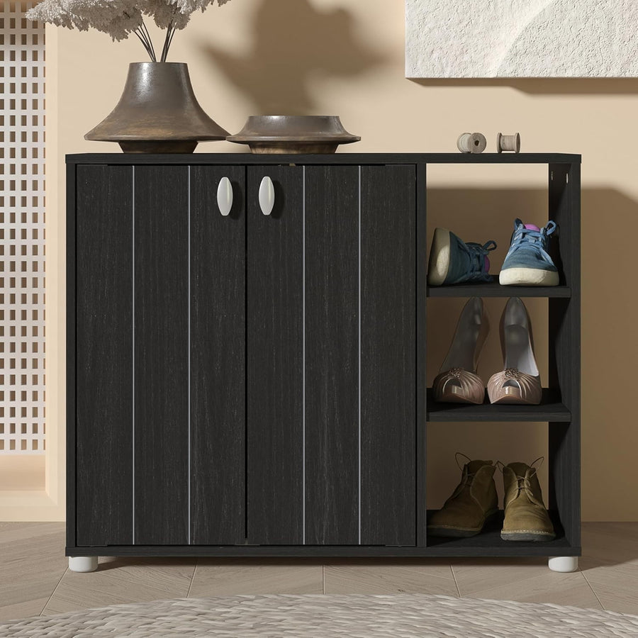 Rustic Shoe Storage Cabinet with Doors, 12-Pair Rack, Black Oak Finish