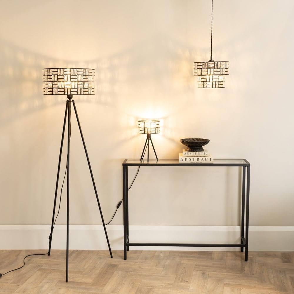 Black Tripod Floor Lamp Clear Acrylic Jewel Drum Shade Glam Light