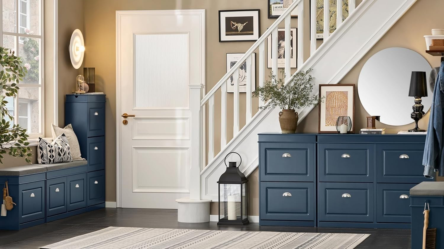 Blue Slim Shoe Cabinet with 3 Flip Drawers, Narrow Hallway Storage Unit