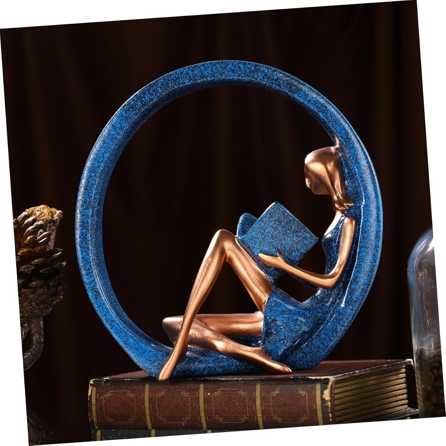Modern Reading Girl Statue • Blue Resin Ring Sculpture • Elegant