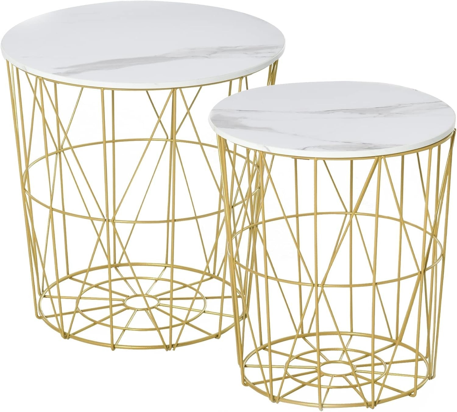 Set of 2 Gold Nesting Side Tables Round Coffee End Table Storage Marble Effect