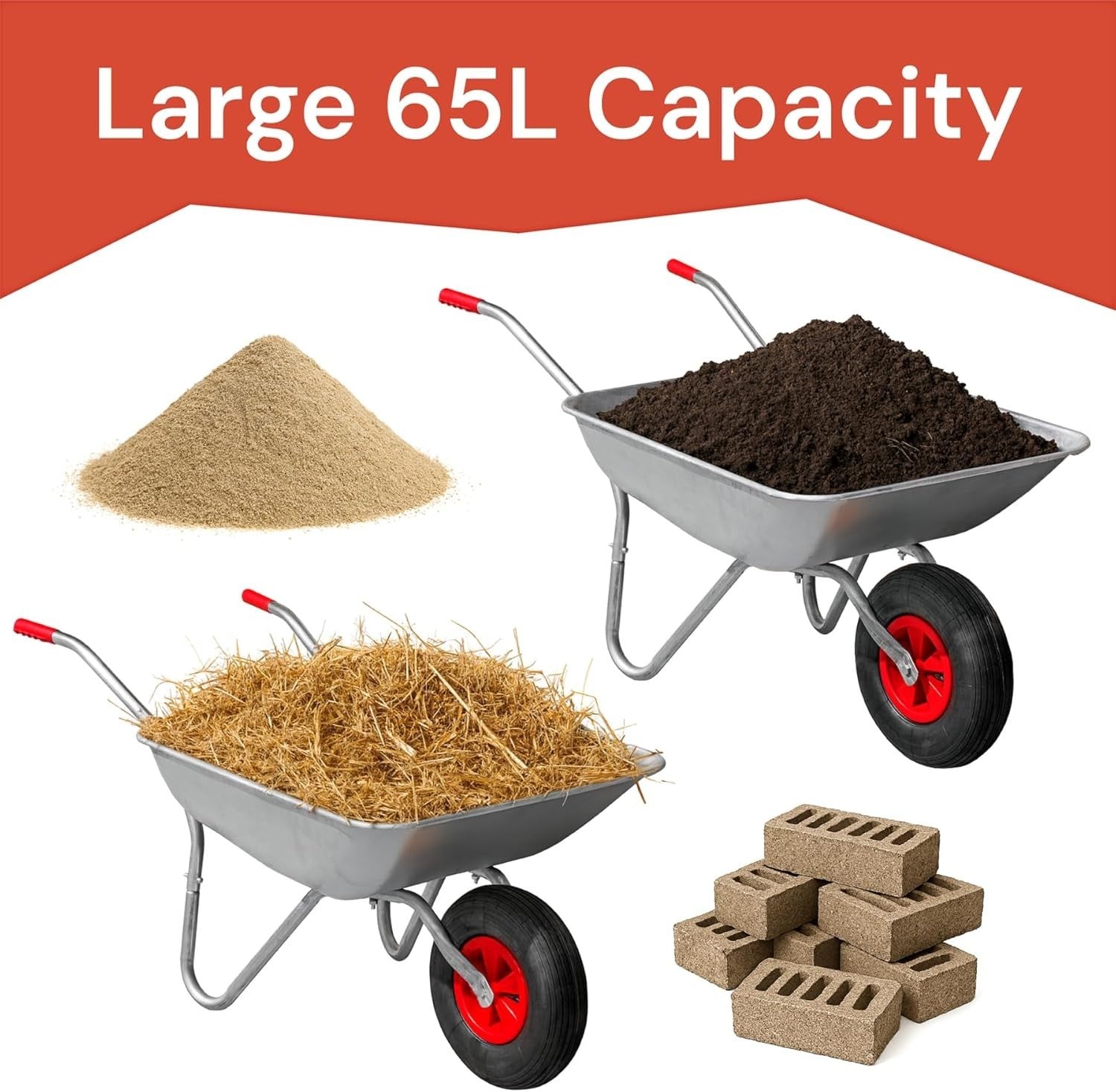 65L Steel Wheelbarrow – Galvanised Tub w/ Pneumatic Tyre & Easy-Grip Handles