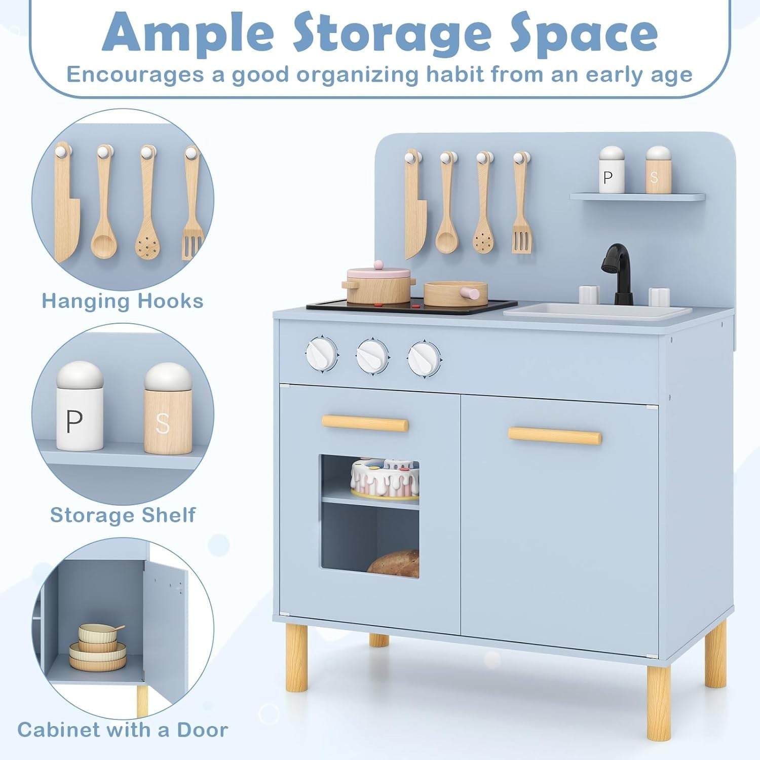 Wooden Kids Play Kitchen Blue Lights Sounds Oven Chef Toy Set