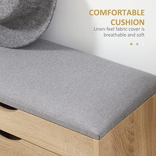Natural Wood Shoe Storage Bench with Cushion Seat Flip-Up Cabinet & Hidden Space