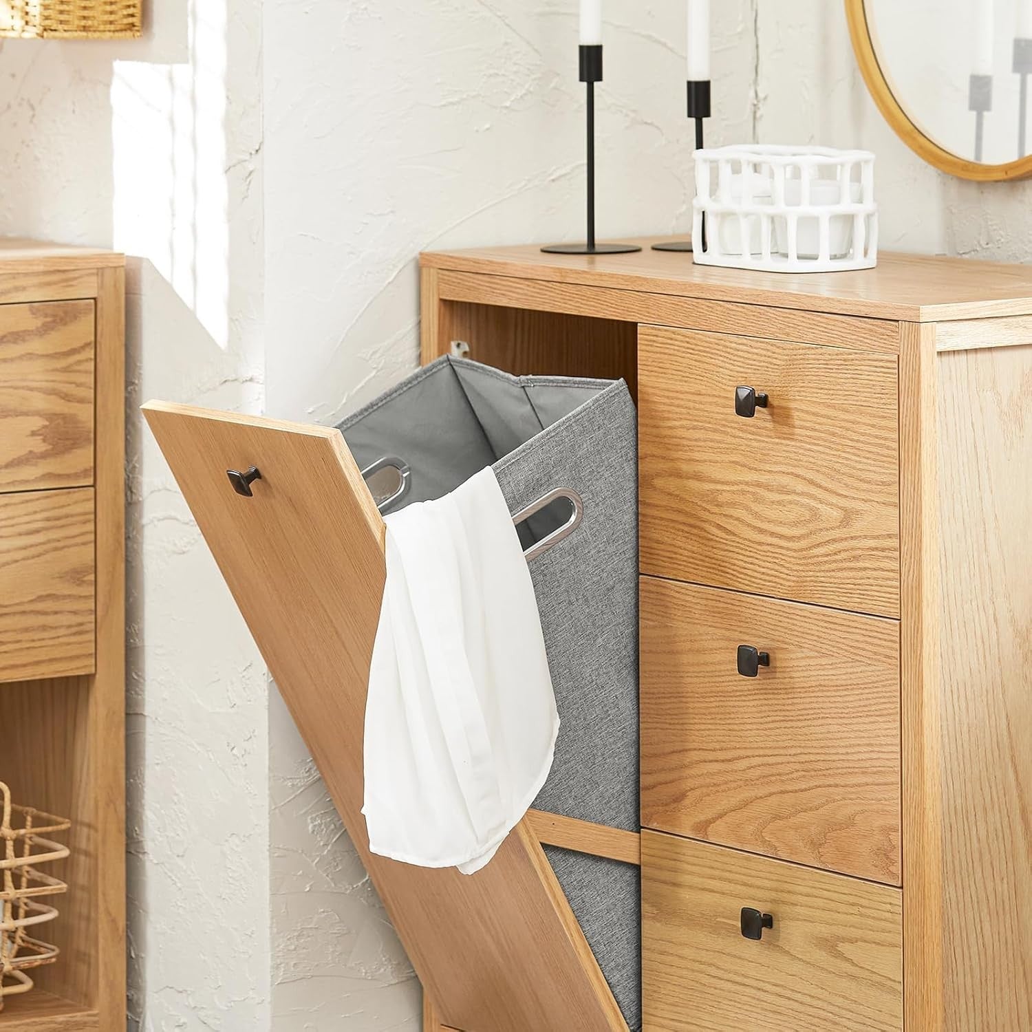 Wooden Bathroom Storage Cabinet with Laundry Basket & 3 Drawers 80×35×90cm