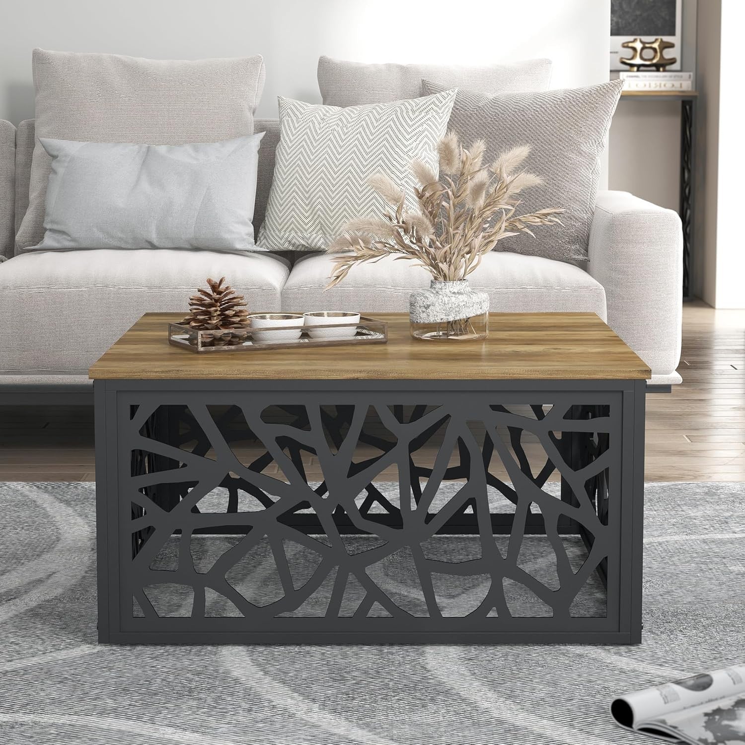 Modern Square Coffee Table with Metal Frame & Storage Shelf 80x80x40cm