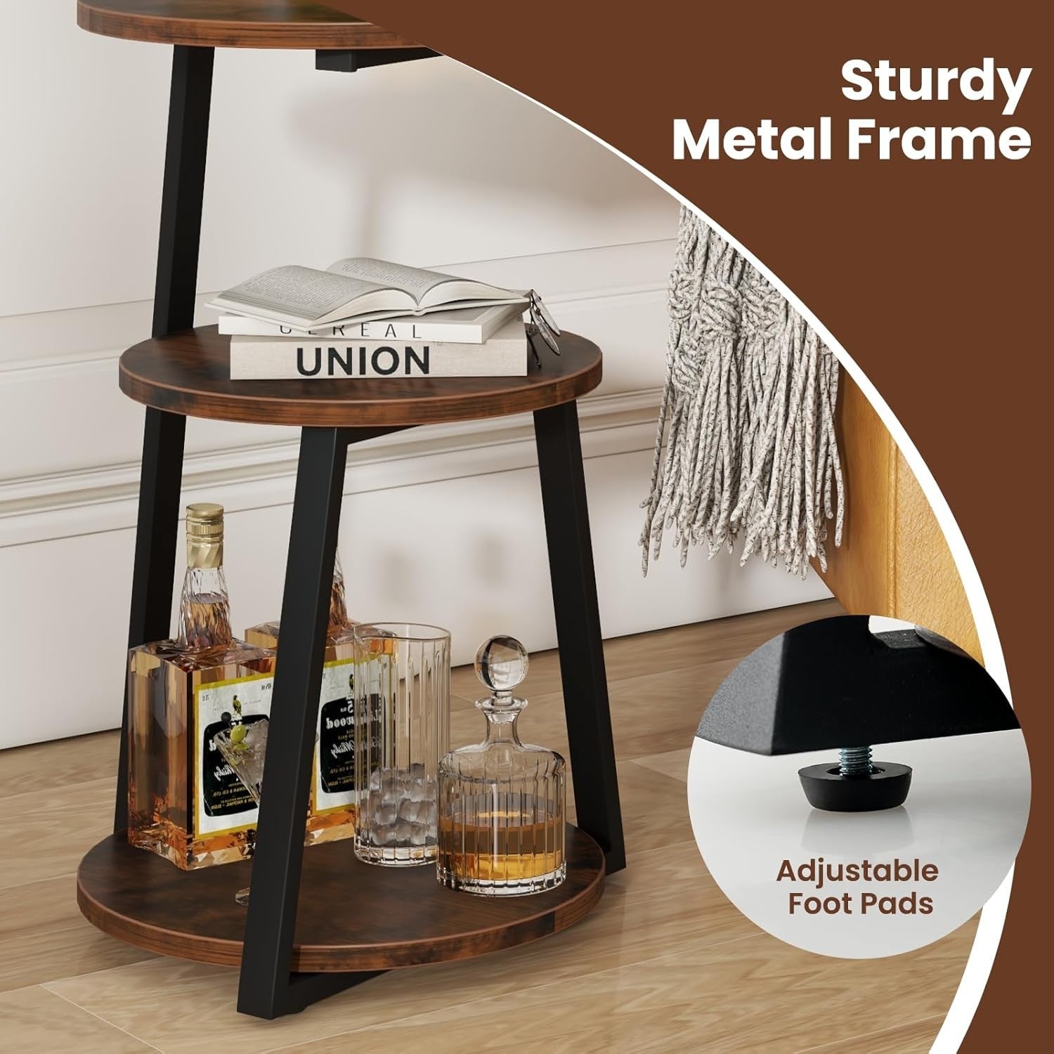 Set of 2 Rustic Brown 3-Tier Round Side Tables – Industrial Bedside Tables 40×55