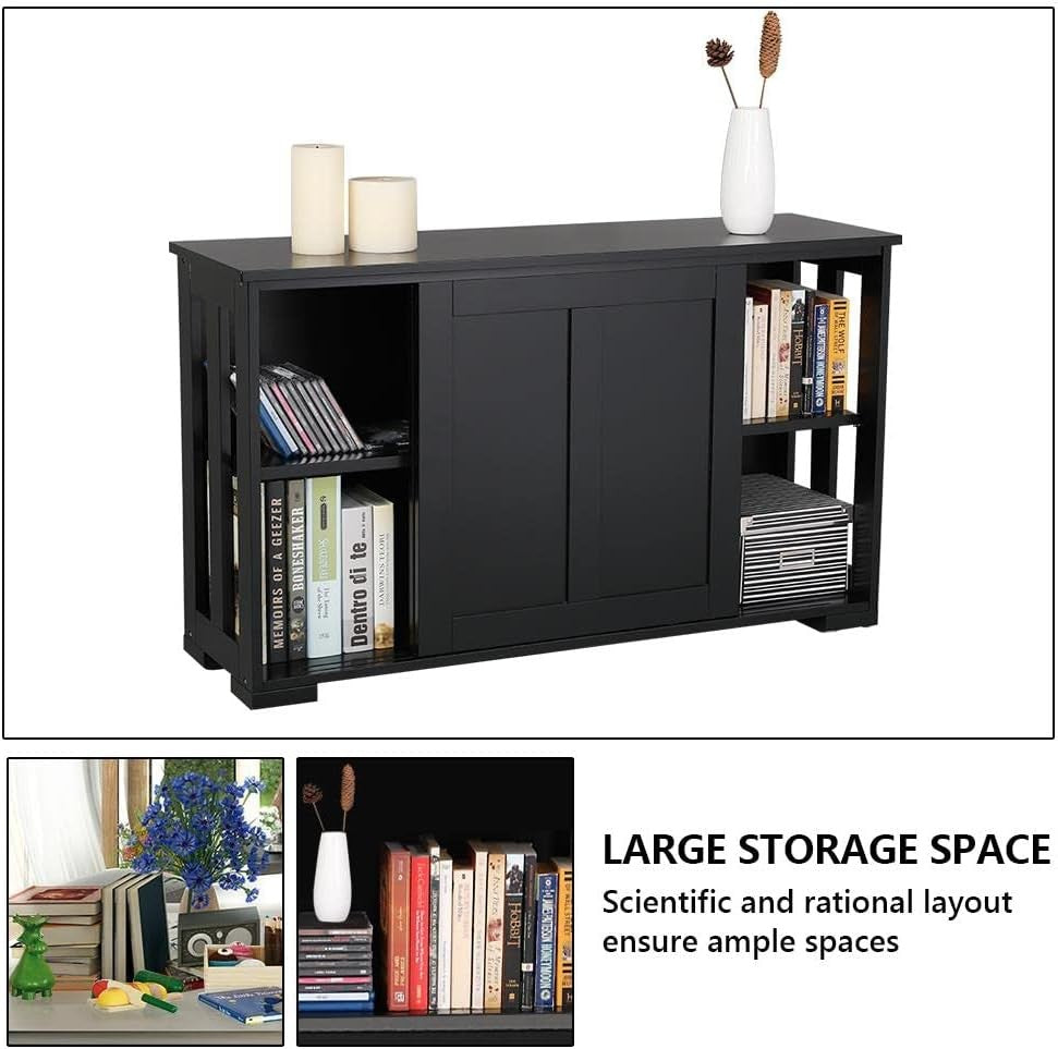 Set of 2 Black Sideboard Buffet Cabinets | Sliding Door Storage Units with Shelv
