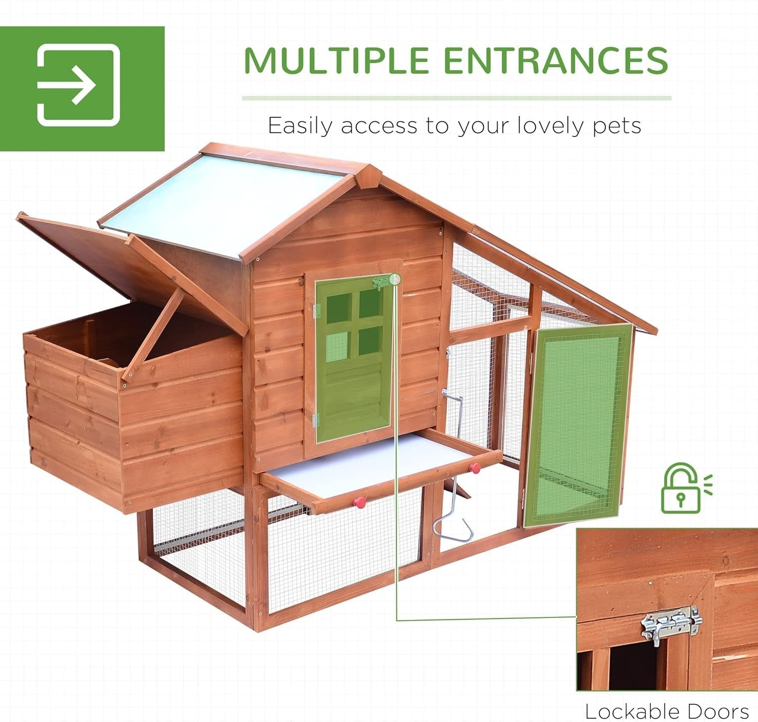 Wooden Chicken Coop with Run Nest Box Easy Clean Tray Outdoor Hen House