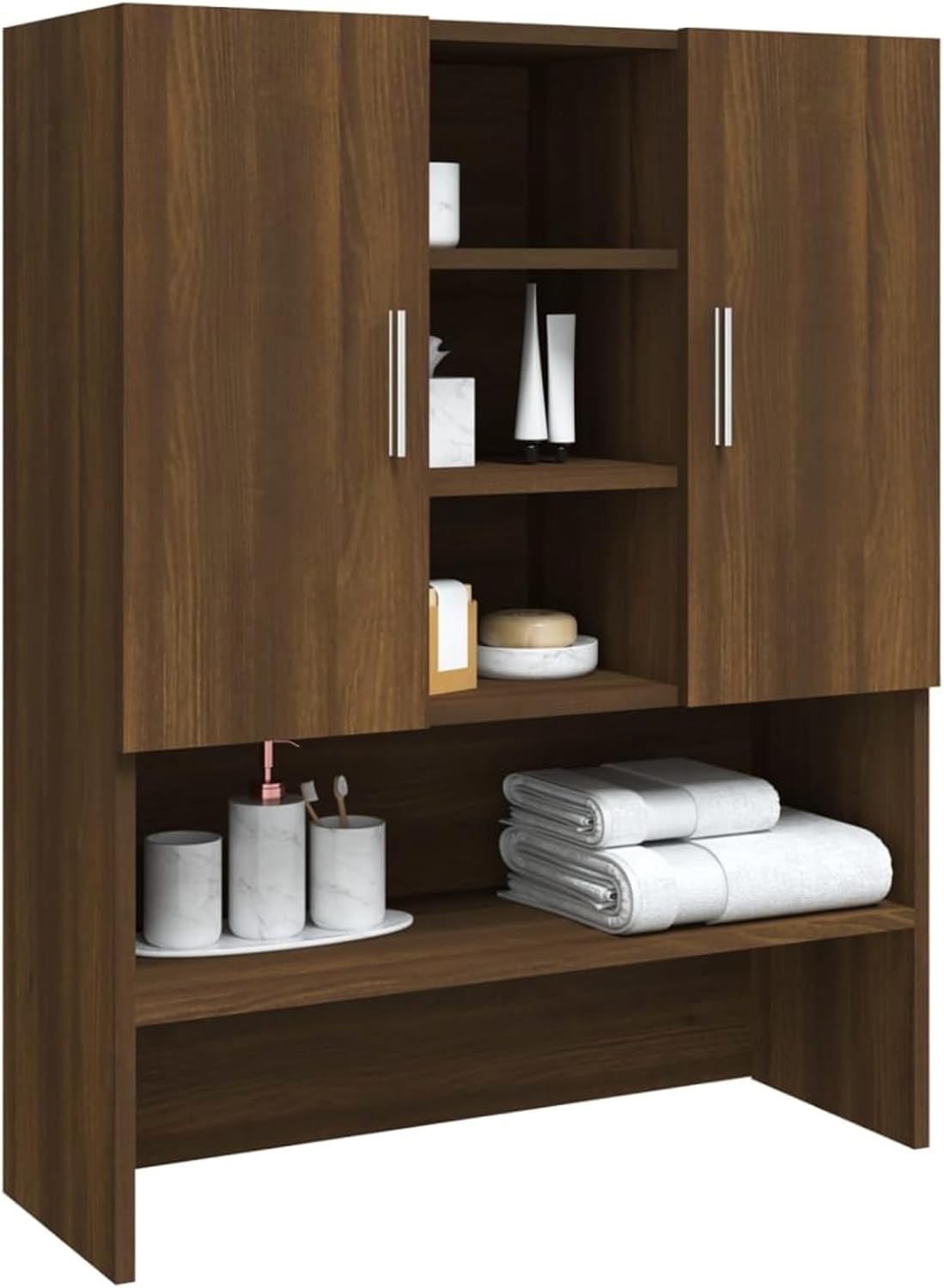 Brown Oak Washing Machine Cabinet Tall Laundry Storage Unit with Doors & Shelves