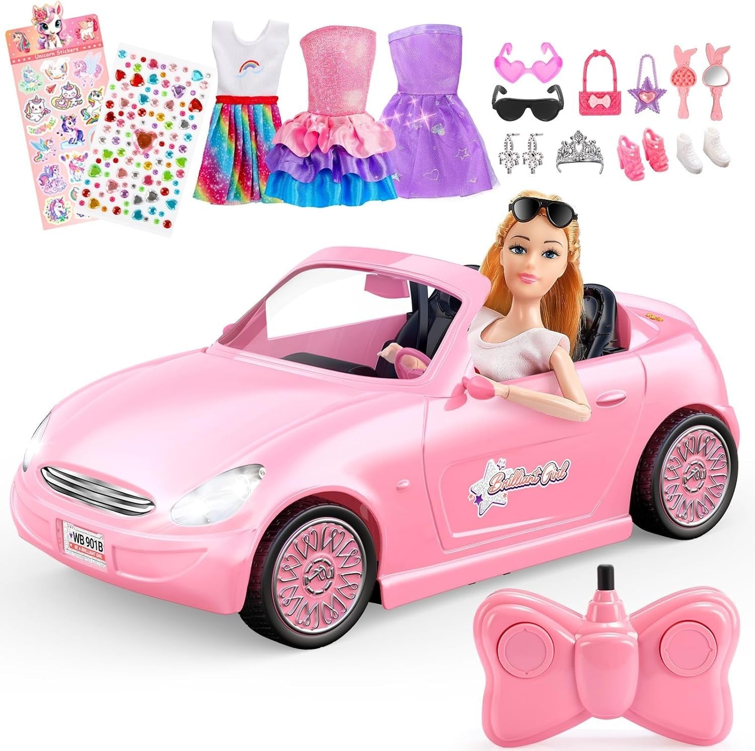 RC Car & Doll Toy Set for Girls – 10 Accessories, 3 Outfits & Stickers