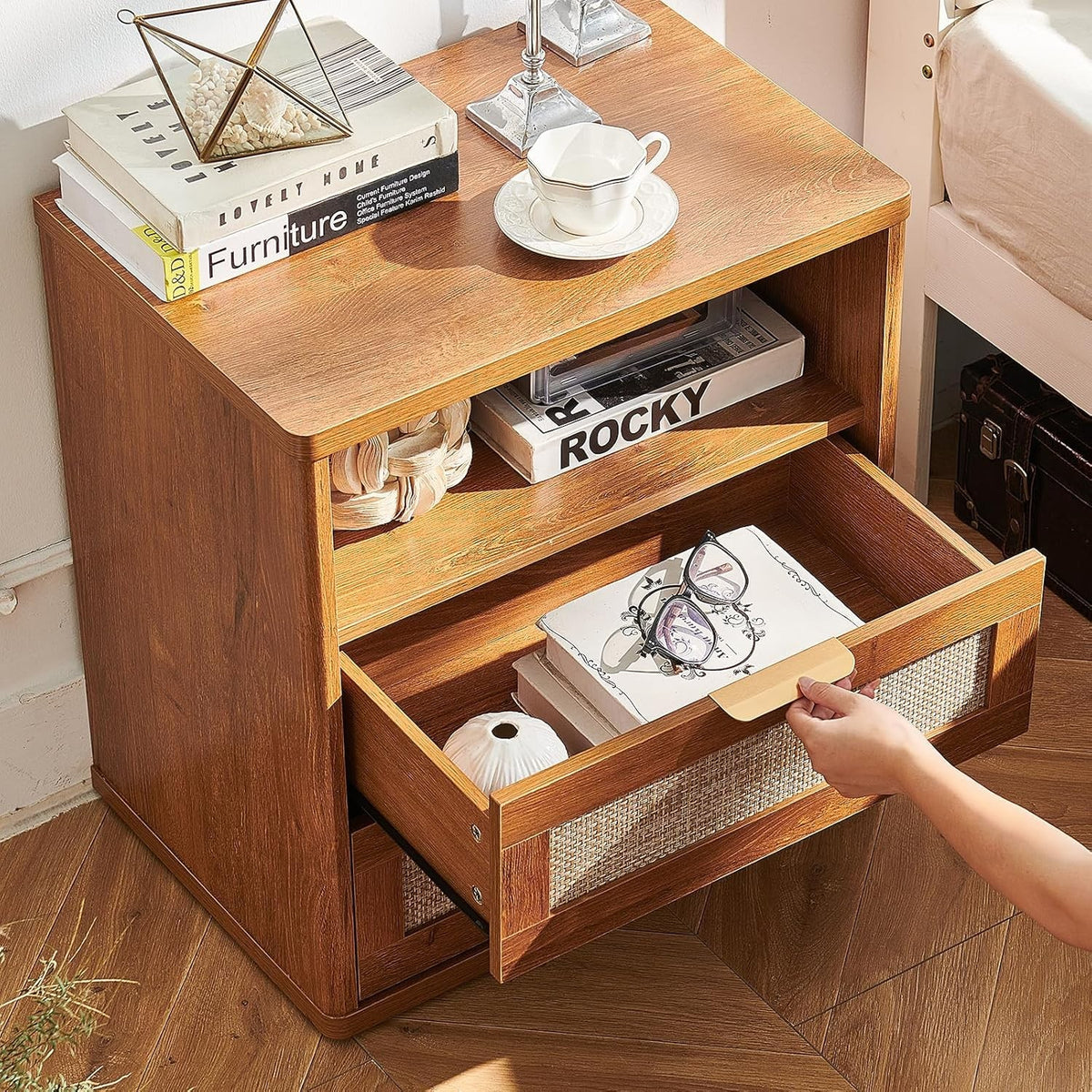 Wide Rattan Bedside Table with 2 Drawers Boho Wood Nightstand Storage Cabinet