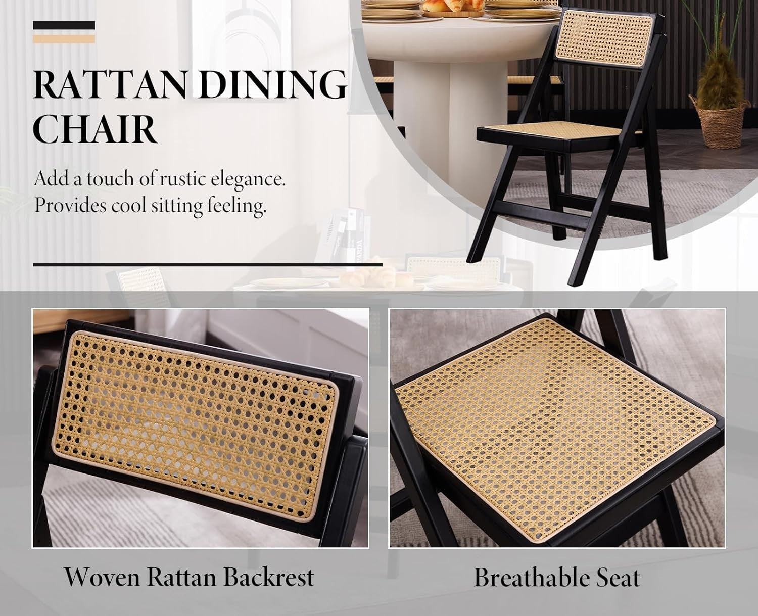 Foldable Rattan Dining Chairs Set of 2 Mid Century Space Saving Kitchen Seats