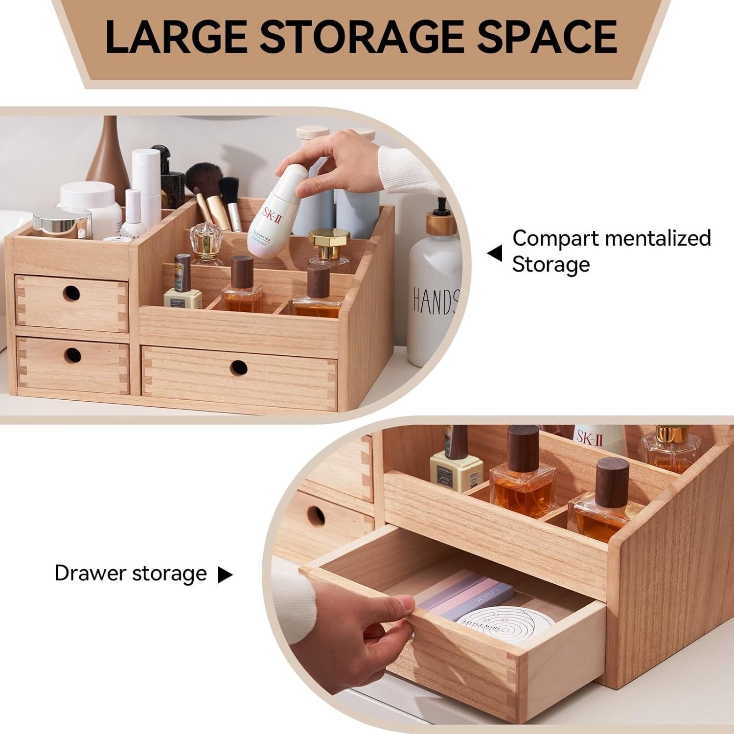 Wooden Makeup Organizer with 8 Drawers & Large Cosmetic Storage Box