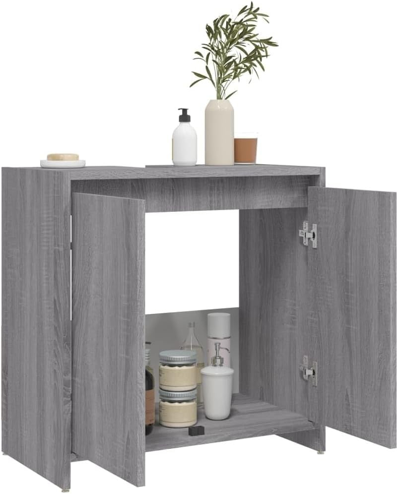 Grey Oak Bathroom Sink Cabinet – 2 Door Under Sink Storage Unit 60x61cm