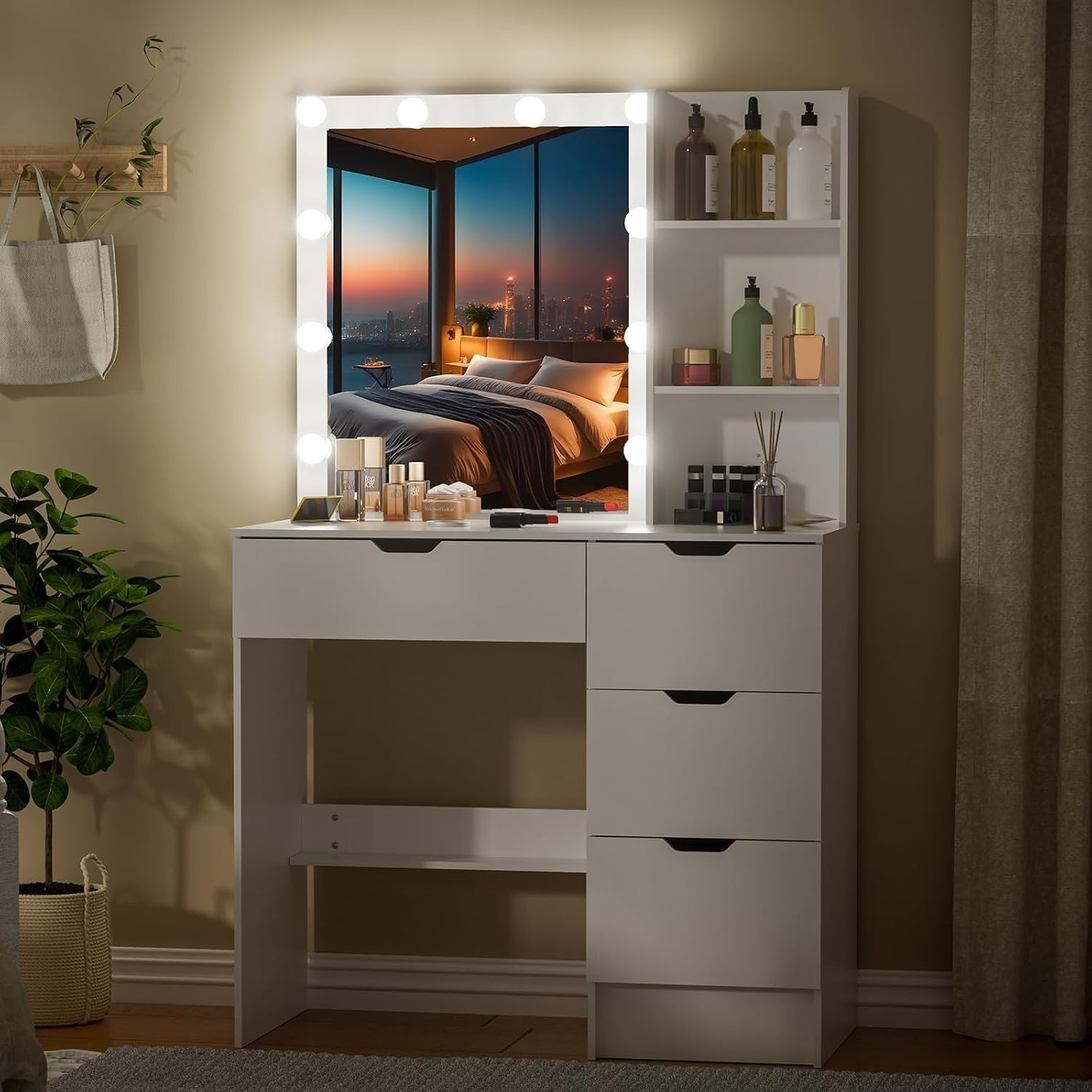 Modern LED Vanity Makeup Dressing Table Desk Mirror Drawers White Bedroom