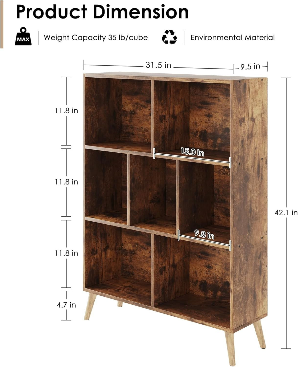 7 Cube Rustic Wooden Bookcase Modern 3 Tier Storage Shelf with Legs 80x24x107cm