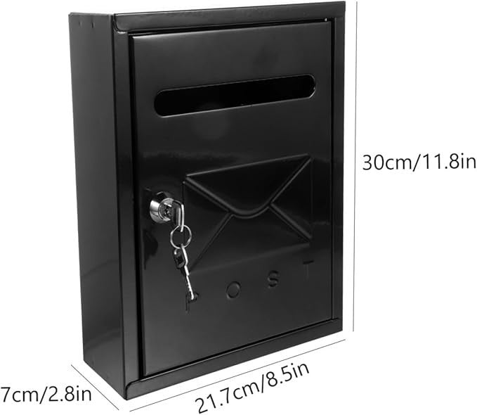 Lockable Wall Mounted Mailbox Black Iron Rainproof Post Box Secure Letter Holder
