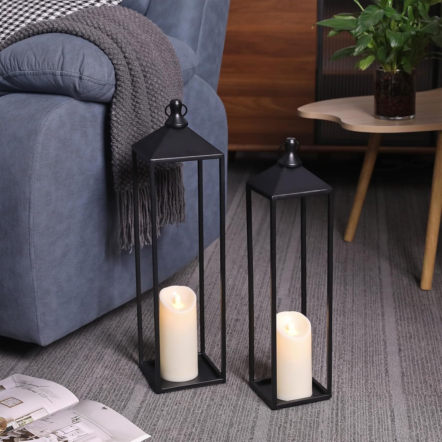 2 Pack Large Black Metal Candle Lanterns Outdoor