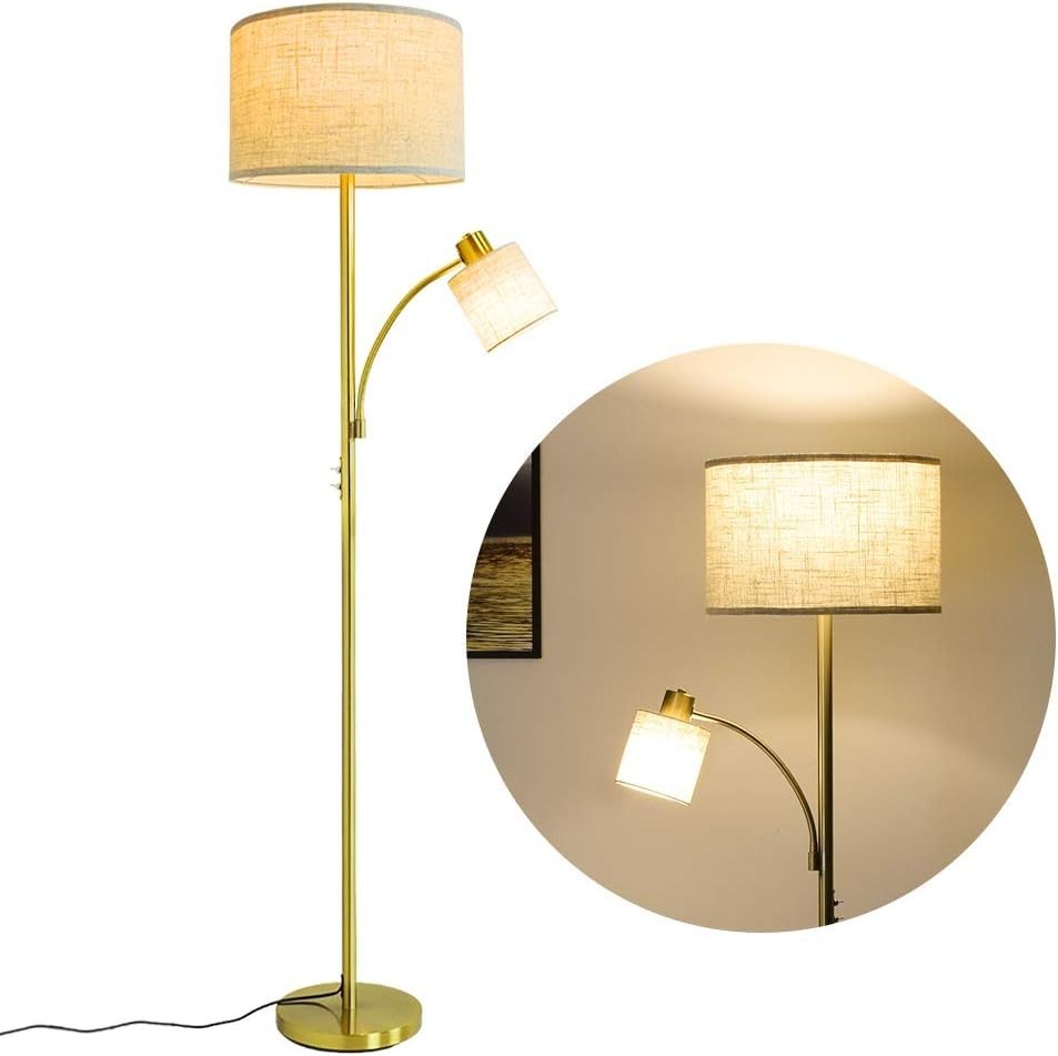 Dual Head Floor Lamp with Reading Light, 3000K LED, Adjustable & Modern Gold