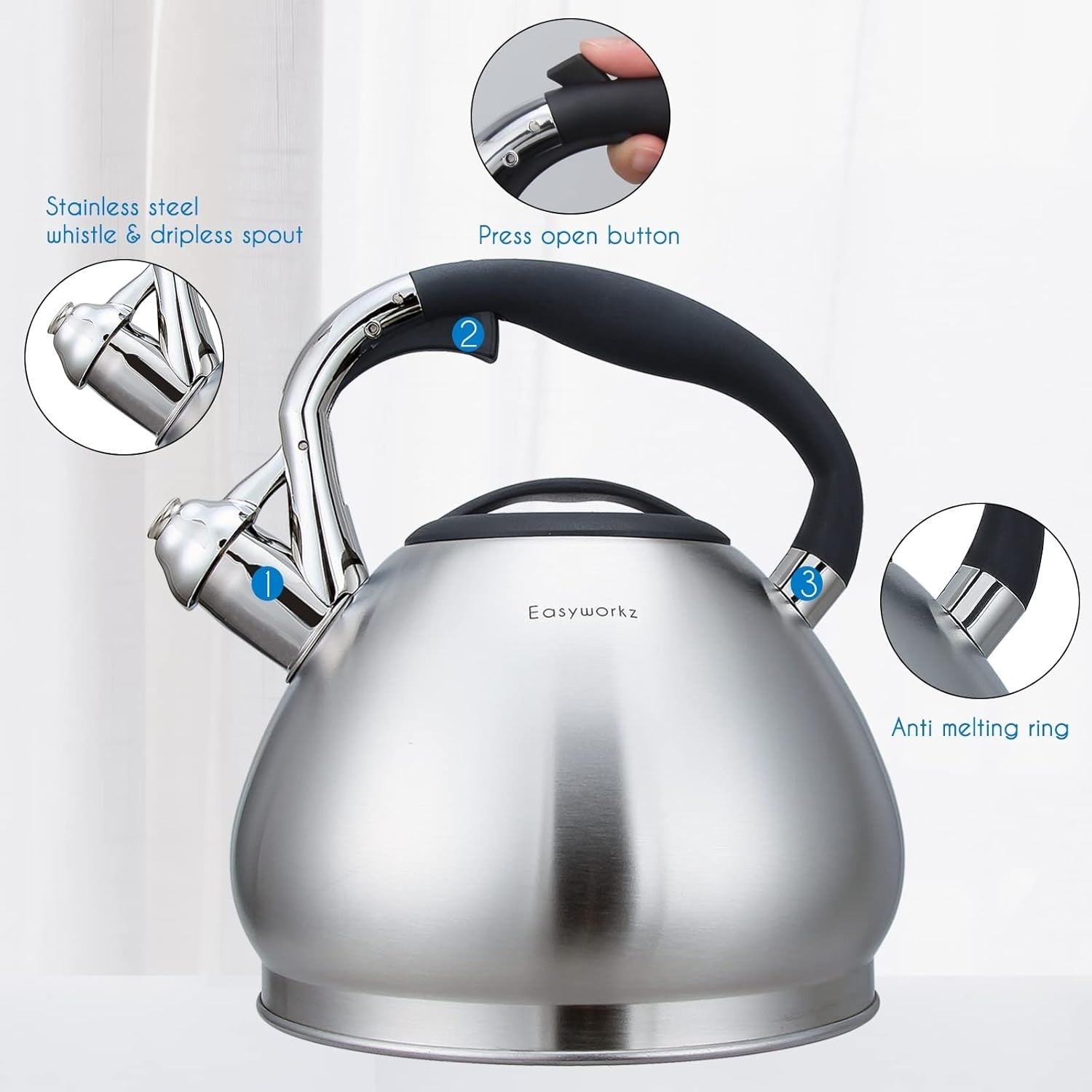 3L Stainless Steel Whistling Tea Kettle Stovetop Induction Safe Pot