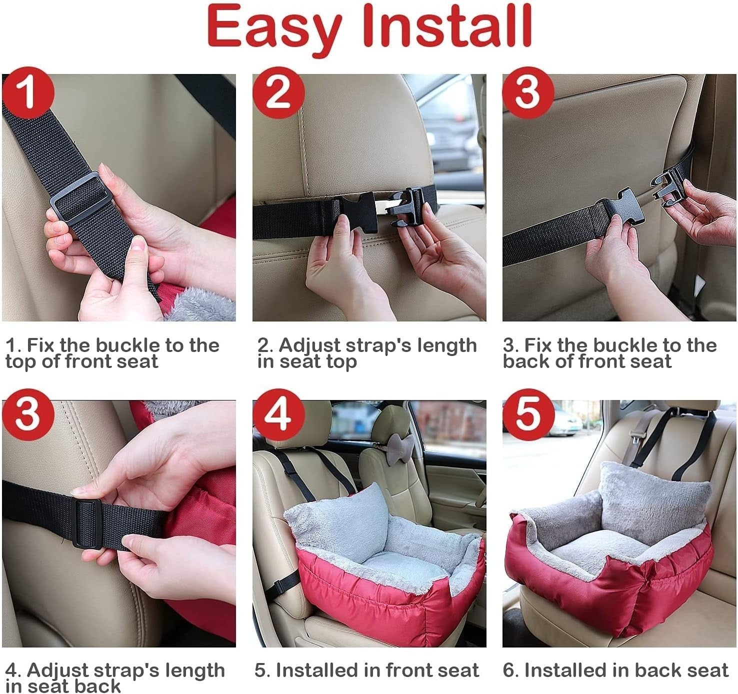 Waterproof Dog Car Booster Seat Plush Travel Bed Safety Leash Red