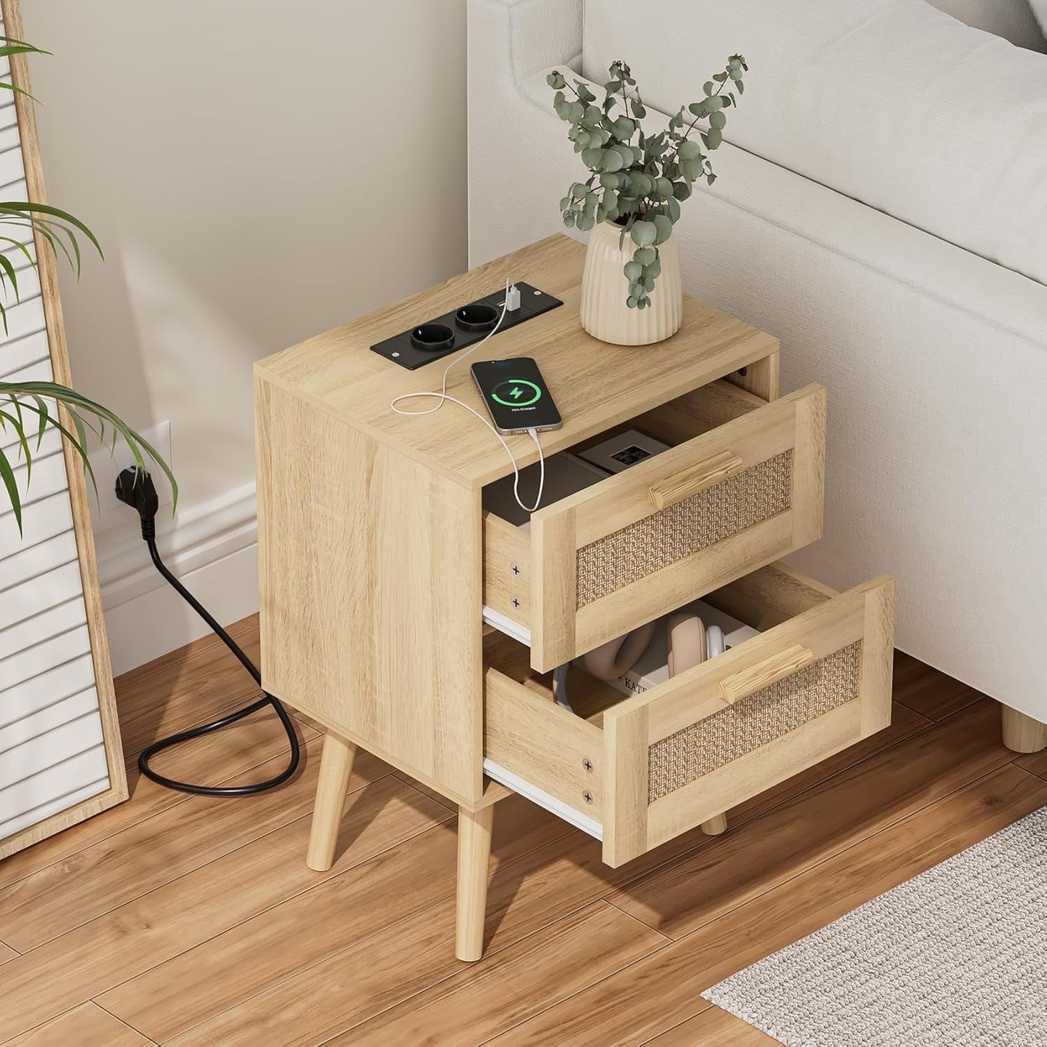 Rattan Bedside Table with 2 Drawers | Natural Wooden Nightstand for Bedroom